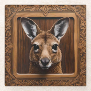 Leap of Natuur: een kangoeroe houtprint, Glazen Onderzetter