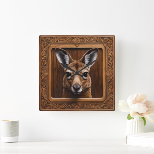 Leap of Natuur: een kangoeroe houtprint, Vierkante Klok (Huis)