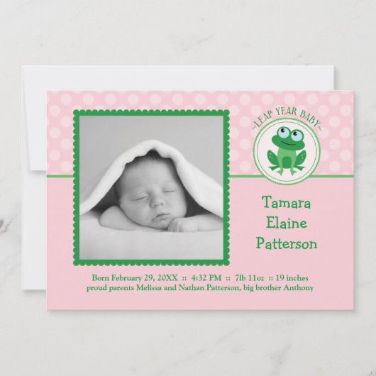 Leap Year Girl Photo Birth Announitation Aankondiging (Voorkant)