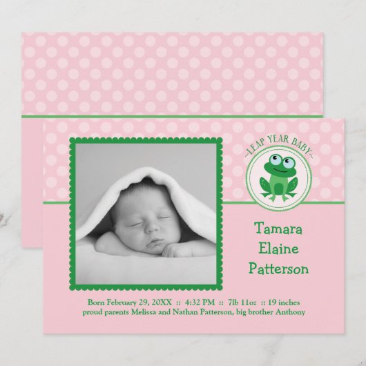 Leap Year Girl Photo Birth Announitation Aankondiging (Voorkant / Achterkant)
