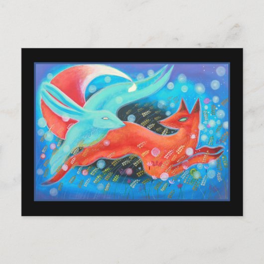 Leapende dieren, een vos en een haas. briefkaart (Voorkant)