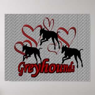 Leapende greyhounds en rode harten poster