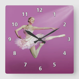 Leaping Ballerina op Roze Vierkante Klok