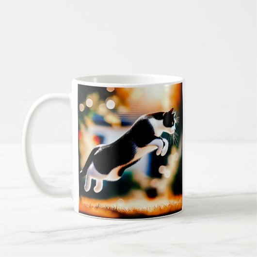 Leaping Black and White Cat Koffiemok (Links)