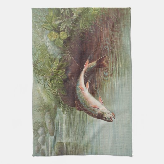 Leaping Brook Trout beroemd gemaakt door S.A. Kilb Theedoek (Verticaal)