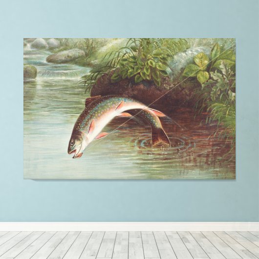 Leaping Brook Trout van Samuel Kilbourne (1874) Canvas Afdruk (Insitu (Houten vloer))