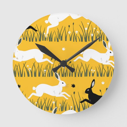 Leaping Bunny Mustard Meadow Pattern Ronde Klok (Voorkant)