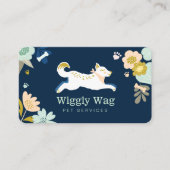 Leaping Dog Floral Botanical Navy Pet Services Visitekaartje (Voorkant)