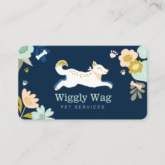 Leaping Dog Floral Botanical Navy Pet Services Visitekaartje (Voorkant)