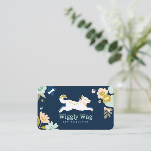 Leaping Dog Floral Botanical Navy Pet Services Visitekaartje (Staand voorkant)
