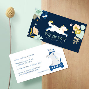 Leaping Dog Floral Botanical Navy Pet Services Visitekaartje