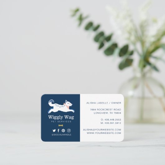 Leaping Dog Floral Botanical Navy Pet Services Visitekaartje (Staand voorkant)