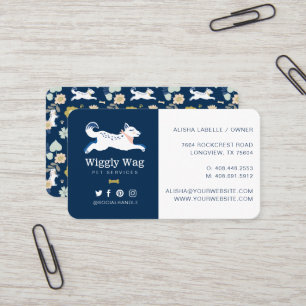 Leaping Dog Floral Botanical Navy Pet Services Visitekaartje
