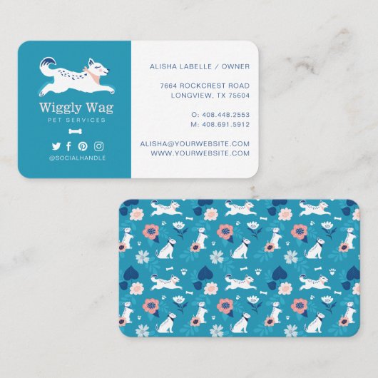 Leaping Dog Floral Botanische Blauwe Huisdieren Di Visitekaartje (Voorkant / Achterkant)
