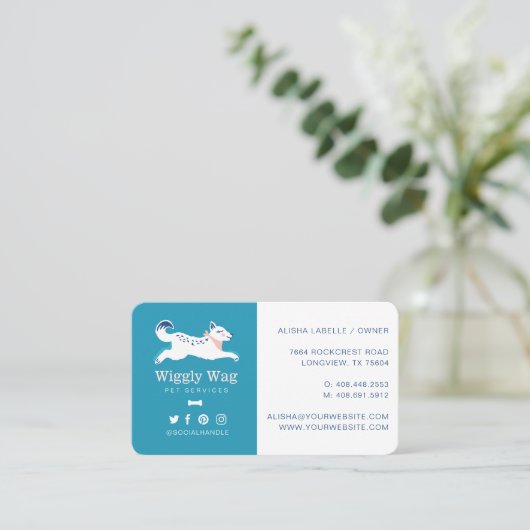Leaping Dog Floral Botanische Blauwe Huisdieren Di Visitekaartje (Staand voorkant)