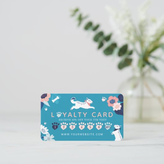 Leaping Dog Floral Pet Care & Grooming Blue Loyalt Visitekaartje (Staand voorkant)