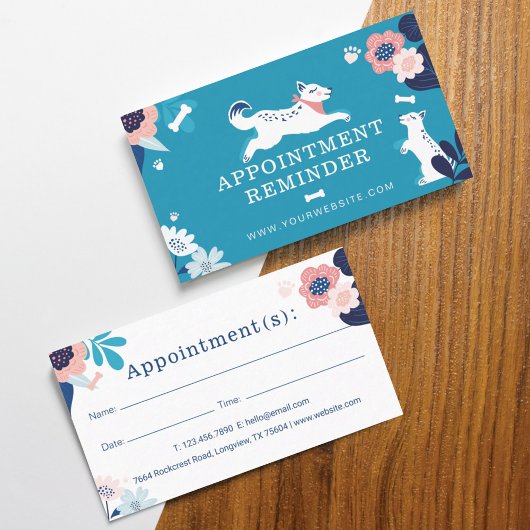 Leaping Dog Floral Pet Care Services Blue Afsprakenkaartje