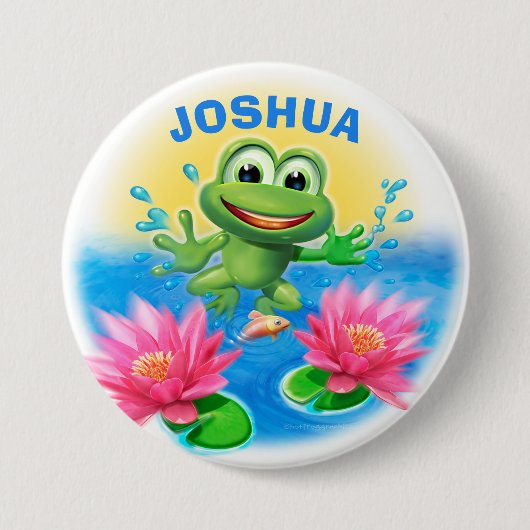 Leaping frog aangepaste naam verjaardagspagtekenin ronde button 7,6 cm (Voorkant)