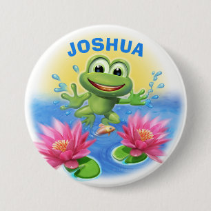 Leaping frog aangepaste naam verjaardagspagtekenin ronde button 7,6 cm