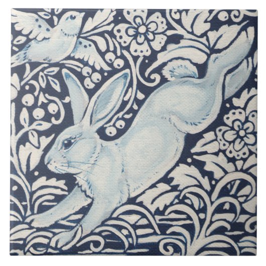 Leaping Rabbit, Bird Navy Blue Floral Trivet Tegeltje (Voorkant)