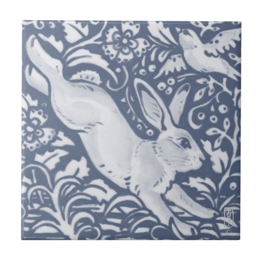 Leaping Rabbit Blue White Botanical Dedham Delft Tegeltje (Voorkant)
