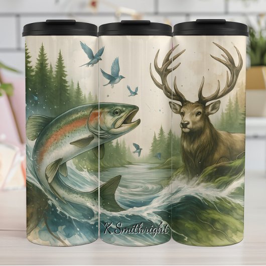 Leaping Rainbow Trout Forest Deer Thermosbeker