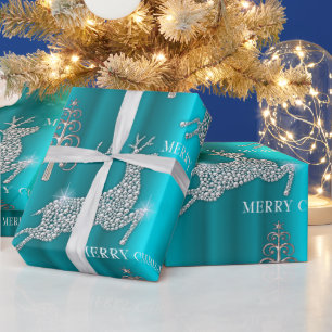 Leaping Rendier Sparkles Merry Christmas Aqua Cadeaupapier