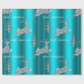 Leaping Rendier Sparkles Merry Christmas Aqua Cadeaupapier (Vlak)