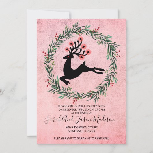 Leaping renindeder in Holly Wreatay Party Kaart (Voorkant)
