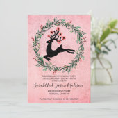 Leaping renindeder in Holly Wreatay Party Kaart (Staand voorkant)