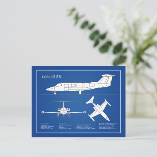 Learjet 23 - Vliegtuigblauwdruk Tekenplannen ABD Briefkaart (Staand voorkant)