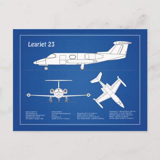 Learjet 23 - Vliegtuigblauwdruk Tekenplannen ABD Briefkaart (Voorkant)