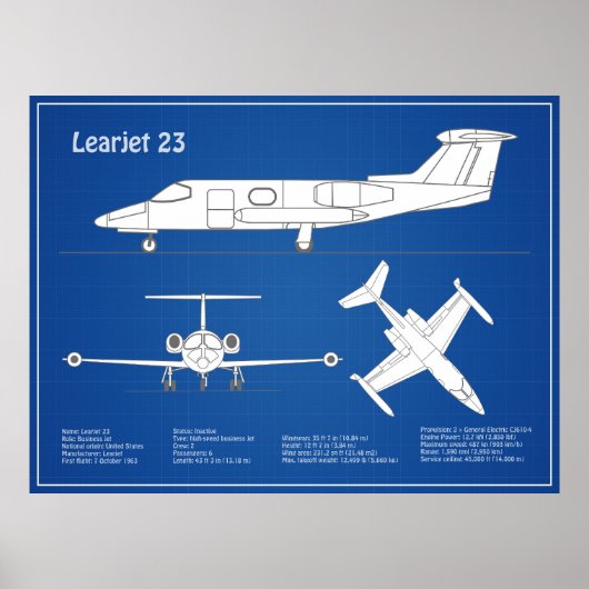 Learjet 23 - Vliegtuigblauwdruk Tekenplannen ABD Poster (Voorkant)