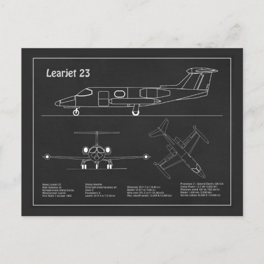 Learjet 23 - Vliegtuigblauwdruk Tekenplannen PD Briefkaart (Voorkant)