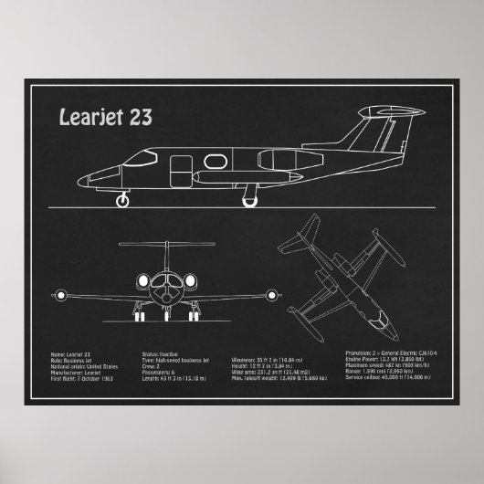 Learjet 23 - Vliegtuigblauwdruk Tekenplannen PD Poster (Voorkant)