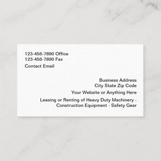 Leasing en verhuur van bouwmachines visitekaartje (Achterkant)