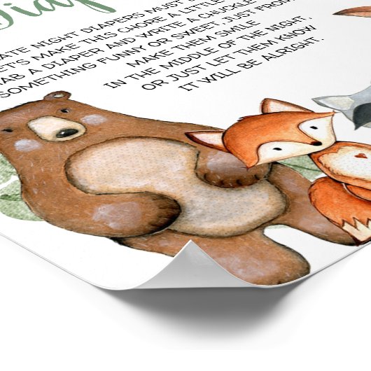 Leate night diapers woodland baby shower game sign poster (Hoek)