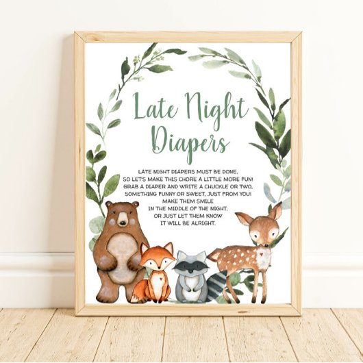 Leate night diapers woodland baby shower game sign poster