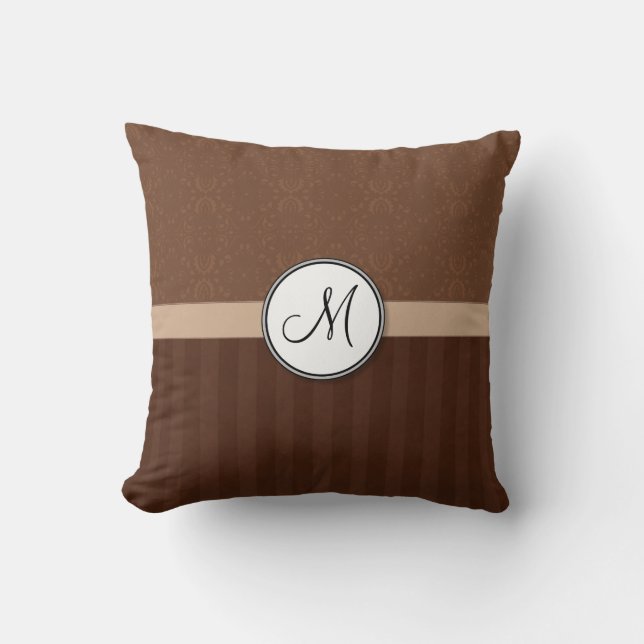 Leather Brown Damask met Stripes en Monogram Kussen (Voorkant)