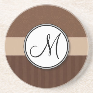 Leather Brown Damask met Stripes en Monogram Zandsteen Onderzetter