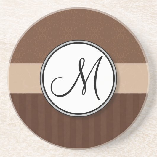 Leather Brown Damask met Stripes en Monogram Zandsteen Onderzetter (Voorkant)