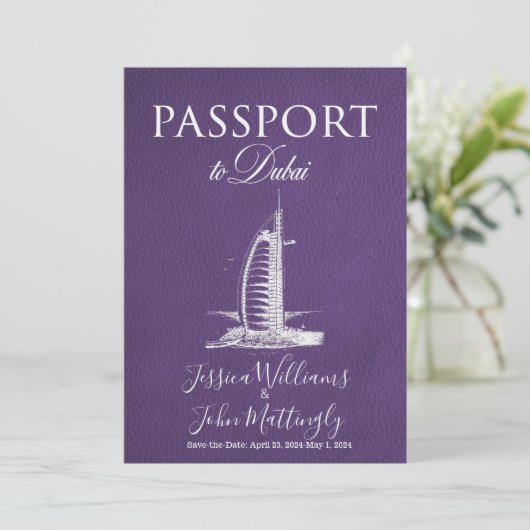 Leather Dubai Passport Wedding Save the Date Kaart (Staand voorkant)
