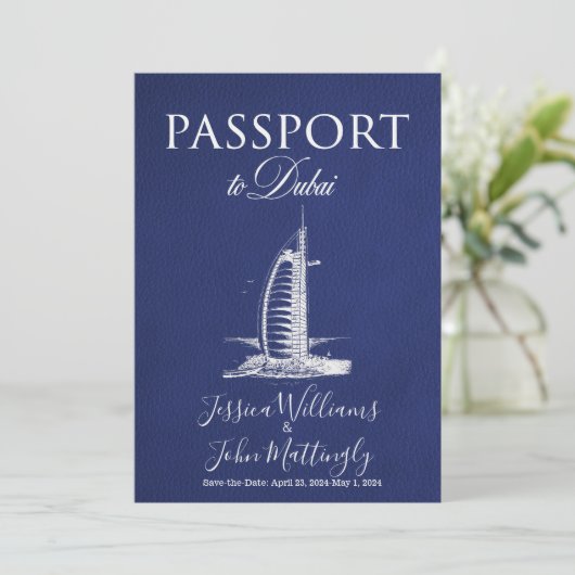 Leather Dubai Passport Wedding Save the Date Kaart (Staand voorkant)