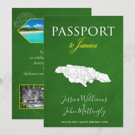 Leather Jamaica Passport Wedding Save the Date Kaart (Voorkant / Achterkant)