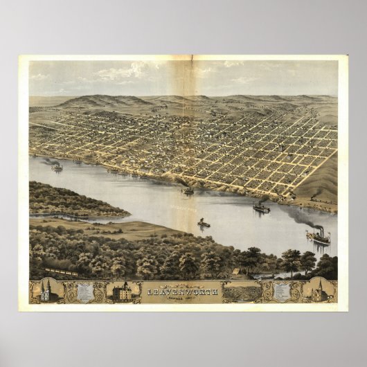 Leavenworth Kansas 1869 Antiek Panorama Poster (Voorkant)
