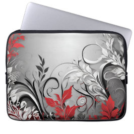 Leaves and Swirls Red Black White Electronics Bag Laptop Sleeve