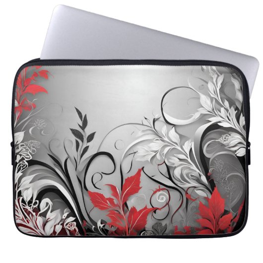 Leaves and Swirls Red Black White Electronics Bag Laptop Sleeve (Voorkant)