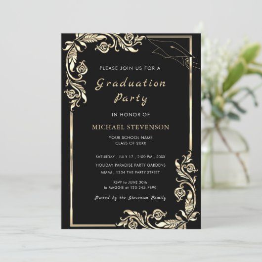 Leaves Black Gold Afstudeerder Party Invitation (Staand voorkant)