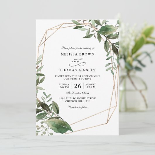 Leaves Eucalyptus Gold Budget QR Code Wedding Kaart (Staand voorkant)