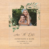 Leaves & Eucalyptus Gold H Foto Save the Date Acryl Uitnodigingen (Voorkant)